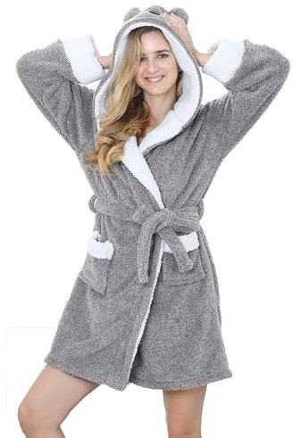 TIMSOPHIA Plüsch-Bademantel für Damen, flauschiger Damen-Koala-Bademantel, weich, warm, mit Kapuze für Bad, Spa, Duschhaus, Grau, Medium