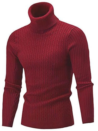 AIDEAONE Maglione Dolcevita da Uomo Maglione Lavorato a Maglia Slim Fit a Coste Casual Girocollo Alto Pullover Dolcevita Basic Rosso Scuro
