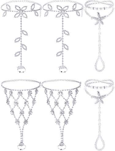 Hicarer 6 Pcs Foot Jewelry Barefoot Sandals for Women Rhinestone Bohemian Foot Ankle Chains for Beach Wedding(Rhinestone Star Leaf Mesh Style)
