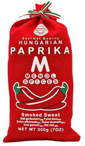 Menol Spices Original Ungarisches Paprikapulver Geräuchert Edelsüß 200g | Paprika geräuchert über Buchenholz, leuchtende Farbe, nie bitter, von Hand im Stoffbeutel verpackt, für Paella und BBQ