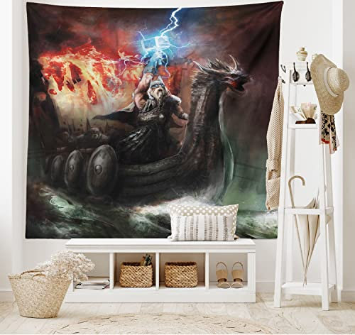ABAKUHAUS Drachen Wandteppich und Tagesdecke, Wikinger-Boot Stürmische See aus Weiches Mikrofaser Stoff Waschbar ohne Verblassen Digitaldruck, 230 x 140 cm, Schwarz Grau