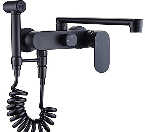 Robinet Cuisine Noir Mitigeur Cuisine Mural avec Douchette Double Poignée Mitigeur Evier avec Douchette Pivotant à 360°Robinetterie Cuisine avec Pistolet de Pulvérisation-Mode Unique_25Cm