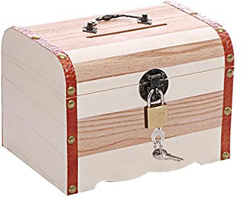 QOTSTEOS Wooden Treasure Chest Storage Box, Wooden Money Storage Box Bank, Vintage Wooden Vintage Coin Box, Wood Carving Handmade Money Box, with Lock & Keys(Wooden Color,size:S)