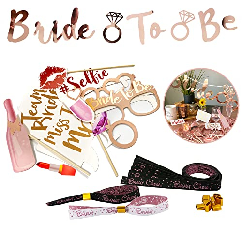 Oblique Unique® JGA Hochzeit Party Accessoire Set - Bride to Be Girlande + 1x Braut und 9x Braut Crew Armbänder + 10 Fotorequisiten - Roségold