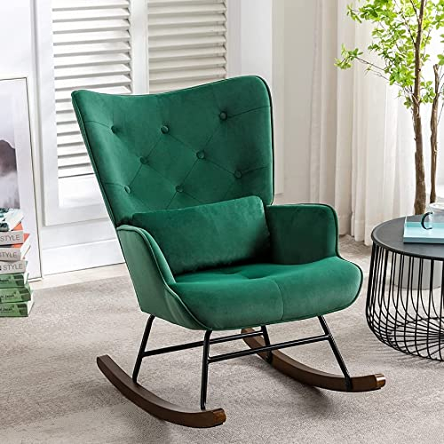HomeMiYN Schaukelstuhl Samt Schaukelsessel mit Metallgestell und Holzsockel Polstersessel für Wohnzimmer Retro Sessel Freizeit Relaxstuhl für Wohnzimmer/Schlafzimmer/Kinderzimmer (grün)
