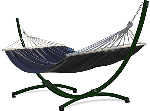 Potenza Outdoor Hängematte mit Gestell für 2 Personen I Stabhängematte XXL 220x160, 200kg I Hängemattengestell 220kg Wetterfest (Grau, Gestell Grün)