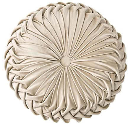 Wanyudz Handcrafted Kürbis-rundes Kissen-Samt-Plissiertes Couch-Kissen für Ausgangssofa-Stuhl-Bett-Boden (Beige)