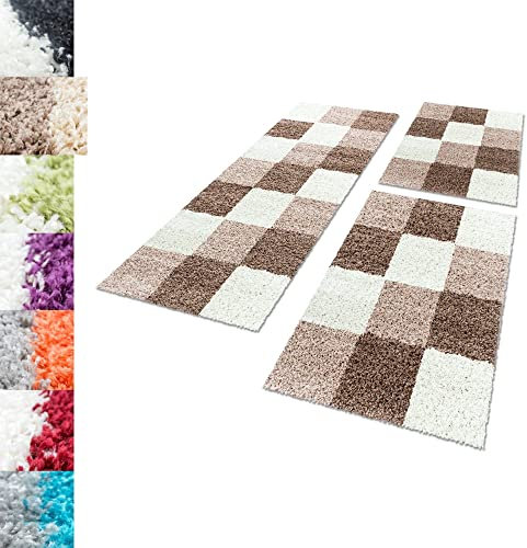 Carpettex Bettumrandung Schlafzimmer 3teilig Shaggy Teppich Hochflor Karo Muster Mocca Bettset:2 mal 80x150 + 1 mal 80x250 - Bettvorleger Schlafzimmer Läuferset Weicher Langflor Bettumrandung Teppich