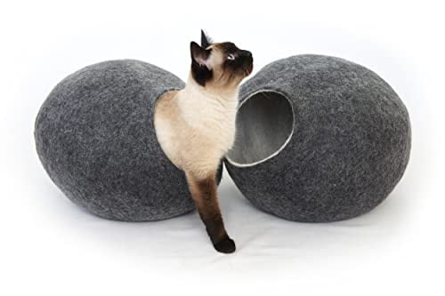 NatureHolic - Katzenhöhle I 100% Handarbeit I Nassgefilzt in Europa I Kuschelhöhle für Katzen I Farbe: dunkelgrau