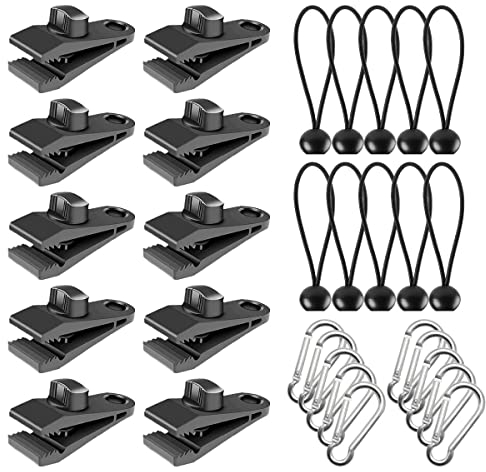 Set de Clips Bâche Noire en Plastique 10 Crochets, 10 Cordes Connectées et 10 Mousquetons pour Pergola Attache Toile et Tendeur Corde Élastique