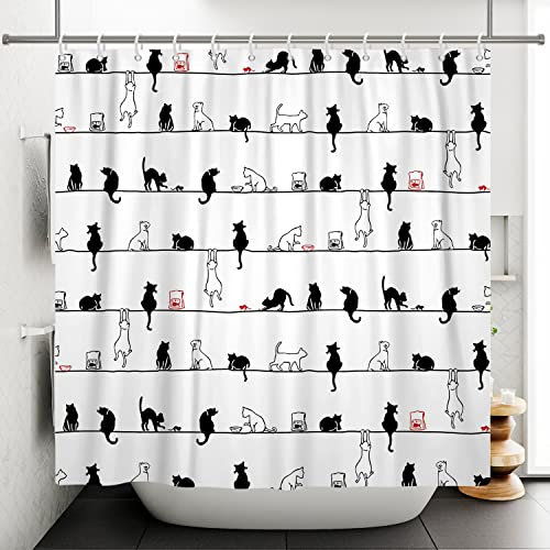 Bovlleetd 180x200cm Dessin animé Chat Rideaux de Douche Drôle Chat Noir et Blanc sur la Corde Rideau de Douche Imperméable Baignoire Art Rideau Simple Rideau de Salle de Bain avec Crochets