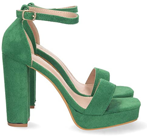 shoes&blues.es 71645 Sandalia de Tacon para Mujer, Comoda, con Pala Simple, Estilo Ankle Strap, y Cierre de Hebilla, Primavera Verano 2023 Verde Talla 39