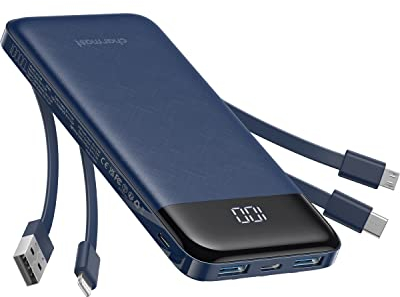 Charmast Power Bank with Built in Cables,10000mAh USB C Battery pack 6 Outputs 3 Inputs with LED Display Type C Powerbank Portable Charger Compatible with Smartphones Tablets and More(Blue)