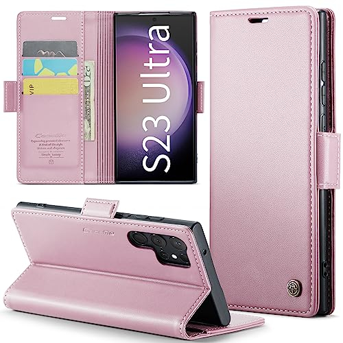 XYGLOW Handyhülle für Samsung Galaxy S23 Ultra 5G Hülle Premium Leder Klappbar Kartenfach Magnet Standfunktion RFID Schutzhülle für Samsung S23 Ultra 5G Flip Case Klapphülle Lederhülle Rosa Gold 6,8''
