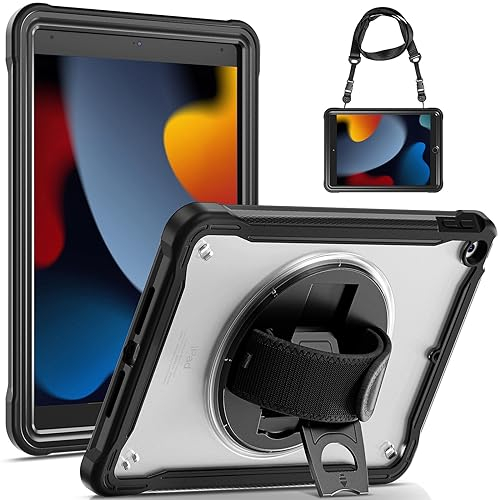Gerutek iPad 9th/8th/7th Generation Case, Shockproof Drop Protection for 10.2 inch iPad with Clear Back Shell and 360° Stand/Hand Strap, Black/Clear