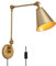 SUNLLOK Swing Arm Gold Wall Sconce with Plug in Cord - Industrial Adjustable Ceiling Hanging Wall Light Fixture - Indoor Metal Rustic Reading Wall Lamp Decoration for Living Room Kids Bedroom