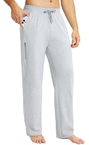 baleaf Mens Tracksuit Bottom Sweatpants with Zipper Pockets Elasticated Waisted Joggers Cotton Pants Light Grey L