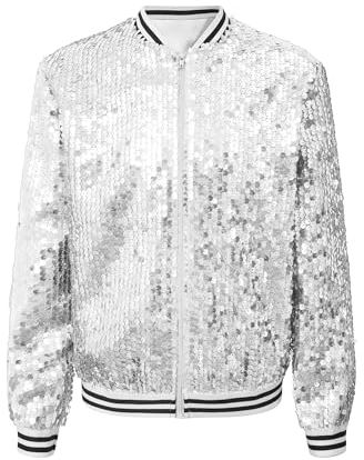 inhzoy Unisex Kinder Glänzende Pailletten Jacke Langarm Glitzer Bomberjacke Mit Reißverschluss Sport Freizeitjacke Streetdance Hip Hop Jacke Silber_A 158-164