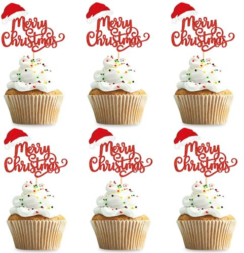 Blumomon 24 Stück Merry Christmas Cupcake Topper rot Weihnachts-Kuchen-Topper Zahnstocher-Flaggen für Weihnachtskuchen-Dekoration Weihnachtsfeier Feiertagsbedarf