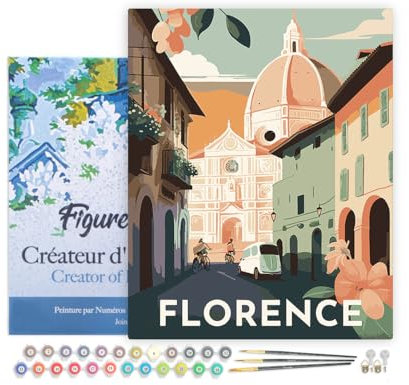 Figured'Art Peinture par Numéro Adulte avec Cadre Affiche Vintage Florence - Activité Manuelle Kit de Loisir Créatif DIY Numéro d'Art Complet - 40x50cm toile tendue sur châssis