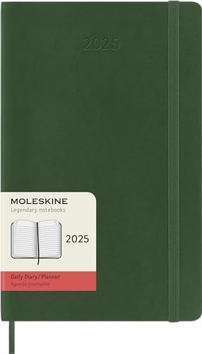 Moleskine Daily Planner, 12 Monate Tagesplaner 2025, Weicher Einband und Elastischer Verschluss, Farbe MyrtenGrün, Großes Format 13x21 cm