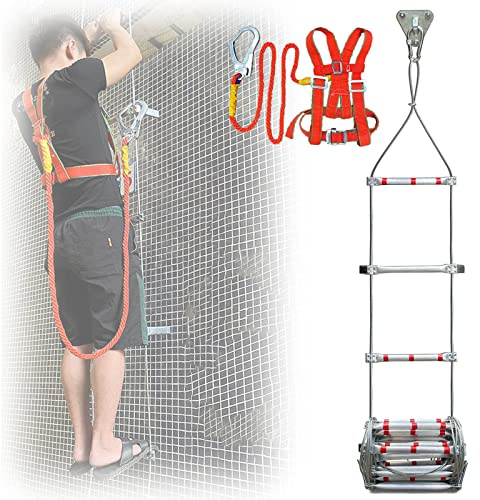 AiQima Rope Ladder,Emergency Escape Ladder Wire Rope 1 Story Ladder,Fire Safety Ladder with Safety Harness/Onecolor/10M/32Ft