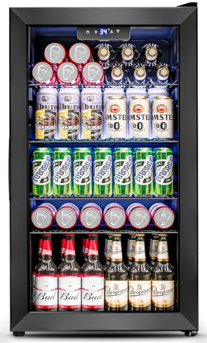 Feelfunn - Refrigerador para nevera, 126 latas, mini puerta de vidrio para refrescos, cerveza, vino, nevera de bebidas no empotrado para el hogar, oficina, bar, 4 estantes ajustables, 3.2 pies