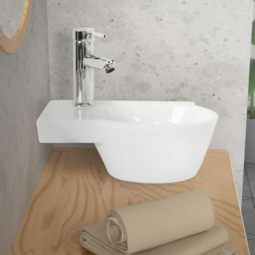ML-Design Lavabo in Ceramica Bianca 37,5x19x14 cm Ovale Piccolo Foro per Rubinetto a Sinistra Lavandino a Parete da Appoggio Lavabo Moderno Lavamano Sospeso Lavello Sanitari per Bagno