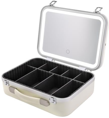 CCAUUB Make-up train case with 3-colour LED light and mirror, make-up case, travel cosmetic organiser box, adjustable brightness, make-up artist organiser kit, dividers, White, Modern