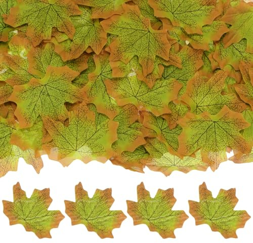 M METERXITY 200er-Pack Künstliche Ahornblätter, Gefälschte Herbstblätter Faux Herbstblätter für Thanksgiving/Hochzeit/Party/Kränze Dekor/Scrapbooking Basteln [Braun Grün]