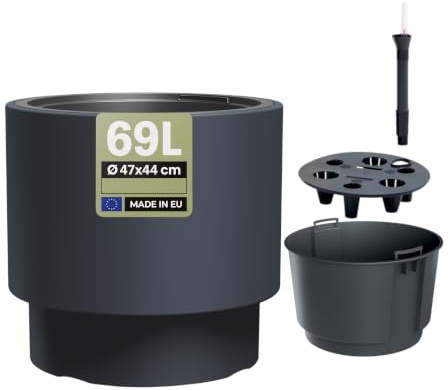 MELTOM Pflanzkübel mit Bewässerungssystem Ø 47,5 x H 44 cm Anthrazit | 68 L Gefäß · 30 L Innentopf · Bewässerungssystem mit Wasserspeicher & Wasserstandsanzeiger · Innen/Außen