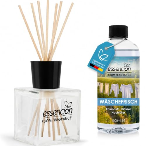 essencion Fresh Laundry Raumduft Set – Glas Diffusor + 1000ml Refill – In 14 verlockenden Düften erhältlich (Fresh Laundry Set 200ml+1000ml)