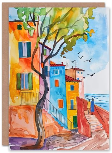 Artery8 Greeting Card Travel Italy Rimini Colourful Seaside Houses Blank For Him Or Her Art Birthday Card