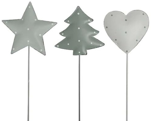 MACOSA PO630985-000-357_x3 Dekostecker Grün Tanne Herz und Stern 3er Set modern Dekostab Weihnachts-Dekoration Blumenstecker Winter-Deko Herbstdeko Winter Dekoration
