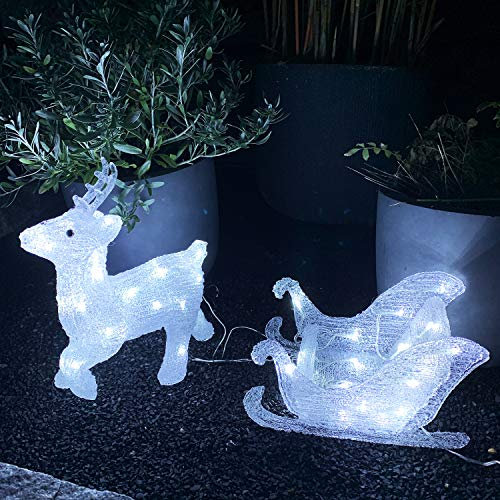 XXL Acryl Rentier mit Schlitten Beleuchtung Figur Weihnachtsbeleuchtung kaltweiß 80 LEDs Strombetrieb Außenbeleuchtung
