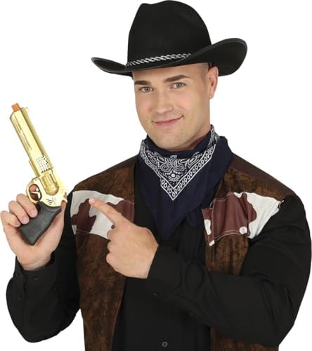 FIESTAS GUIRCA | Kostüm-Spielzeugpistole Revolver Erwachsene & Kinder | Metallisch-Goldenes Finish | Schwarzer Griff | 27 cm Lang | Leichtes PVC | Halloween, Karneval & Fasching