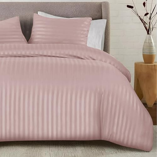 SSW HOMES Blush Super King Duvet Cover Set - Soft Easy Care Brushed Microfiber Satin Stripe Bedding Set - Hotel Quality Hypoallergenic Shrinkage and Fade Resistant Cover With 2 Striped Pillowcases