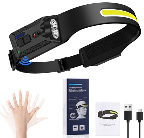 Oderra Torcia Frontale LED Ricaricabile, Lampada Frontale, Sensore di Movimento, 8 Modalità di Illuminazione, Con Indicatore di Batteria, Impermeabile IPX4, Lampada Frontale per Campeggio ed Emergenza