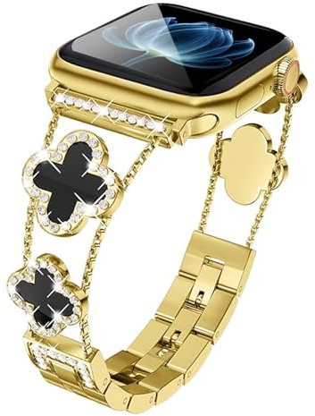 Women Bling Diamond Lucky Clover Watch Band Compatible with iWatch Apple Watch Series SE 10 9 8 7 6 5 4 3 2 1, Sparkle Bracelet Strap Fit 38-40-41-42-42-45-46-49mm Gold/Black