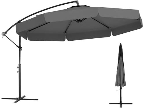 COSTWAY 2.9M Patio Cantilever Parasol, Garden Offset Hanging Umbrella with Cover, Tilt Function, Crank and Ruffled Edge, Outdoor Waterproof Sun Protection Canopy Shade (Gray)