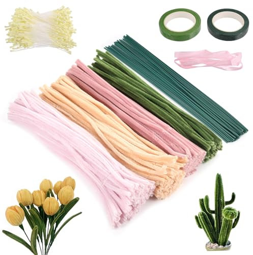 400 Stück Pfeifenputzer zum Basteln Blumen, Pfeifenreiniger Blumen Set, Tulpe Pipe Cleaner Flower Set, Blumenstrauß DIY Pipe Cleaners mit Staubgefäße, Blumenband, Blumendraht, Staubblatt,usw