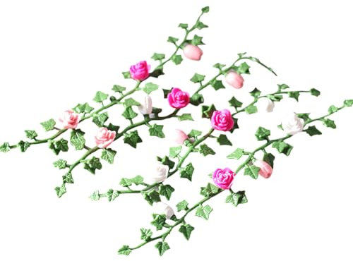 JIHUOO 4 Pcs 22 x 130mm Miniature Artificial Rose Vines Fairy Garden Accessories Flower Vines Doll House Flower Garland Dollhouse Hanging Plants Miniatures Mini Long Bouquet Garland with Flowers
