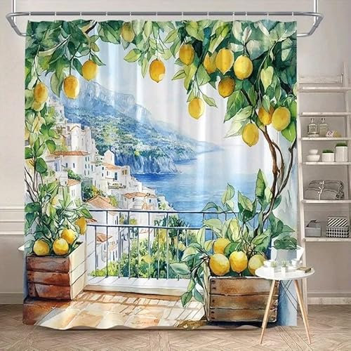 Village Shower Curtain Lemon Trees, Wet Room Shower Curtain180x180 cm Bathroom Decor, 12 Hooks Included Machine Washable, Bathroom Curtain, Washable Fabric, Easy Installation71x71 Inches