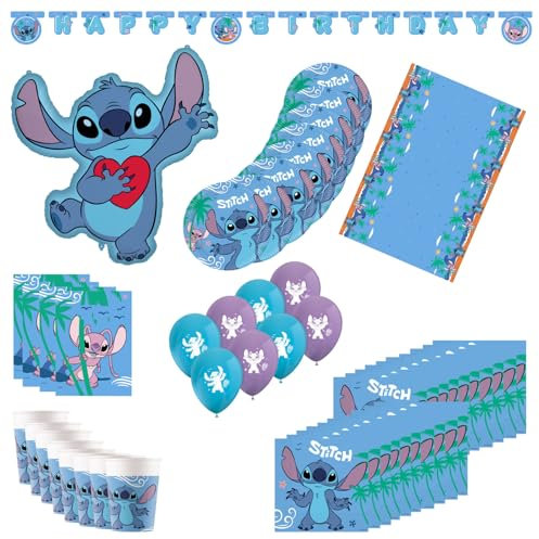 Procos - Juego de 55 piezas de decoración de cumpleaños, incluye 8 platos de papel, 8 vasos de papel, 20 servilletas, mantel, guirnalda, 8 globos, 8 bolsas de fiesta, decoración de mesa para