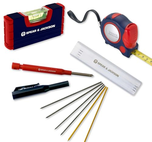 Spear & Jackson DHTS3PS 3-Piece Mark & Measure Set - Deep Hole Pencil, 100mm (4) Pocket Spirit Level, 5m (16ft) Tape Measure - Essential Tools for Accurate & Efficient Marking & Measuring