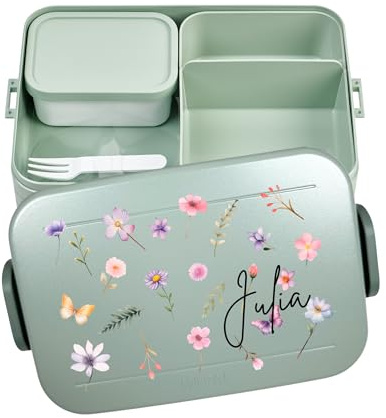 Mepal Bento Lunchbox Take a Break personalisiert Blumen, Brotdose mit Fächern Einsatz Erwachsene, Lunch Box mit Name, Bento Box Set Meal Prep Large Mint