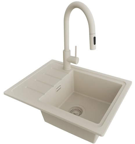 PRIMAGRAN Evier Cuisine en Granit au Meuble 45cm + Robinet, 55x44cm | Set: Robinet BW9010 + Kit de Vidage (Siphon, bonde d’évacuation, trop-plein) + Lavabo 1 Bac - Copenhague Easy, Tout Beige