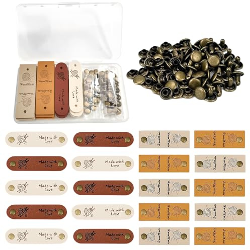 60-teiliges Handmade Label Set, 20 PU Lederlabel zum Annähen mit 40 Nieten | Label zum: Handgemachte Etiketten für Häkelarbeiten, Strickmützen, Taschen, Kleidung und DIY Geschenke. Praktisch für den.
