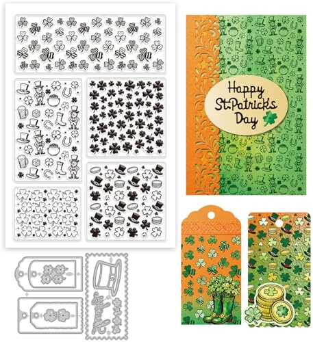 GLOBLELAND Transparenten Stempeln Und Stanzformen Set St. Patrick'S Day Kleeblatt Hintergrund Für Kartenbasteln Kleeblattrahmen Silikon Stempel Etiketten Stanzformen Für DIY Scrapbooking Prägen