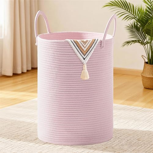 MYHOMMATTO 72L Wäschekorb Geflochten mit Henkel Rund, Rosa | Baumwollhenkel Aufbewahrungskorb Für Wäsche Decken Kissen Spielzeug Im Kinderzimmer Wohnzimmer Schlafzimmer Und Waschraum